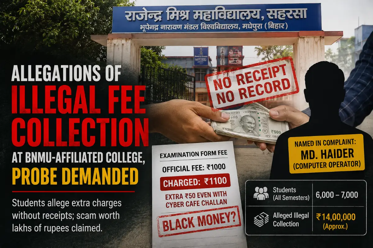 allegations of illegal fee collection and unaccounted cash transactions at Rajendra Mishra Mahavidyalaya, affiliated with Bhupendra Narayan Mandal University.
