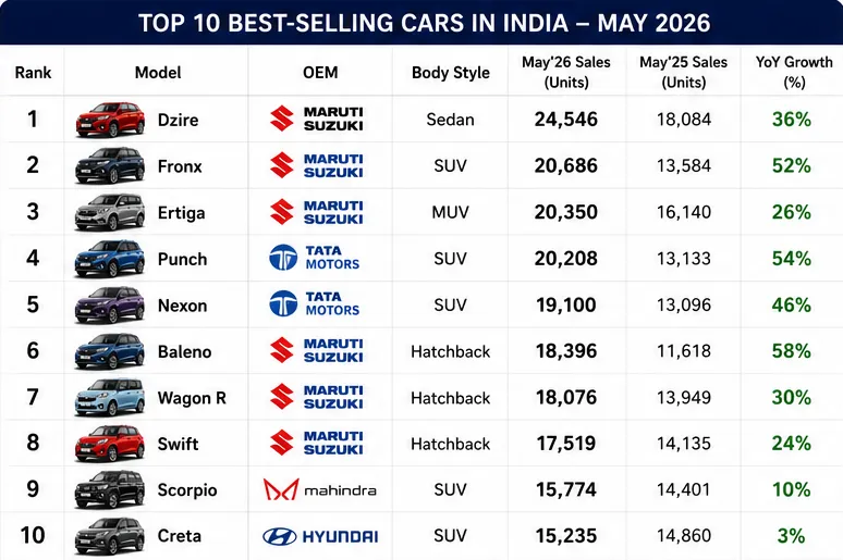 Top 10 Selling Cars in India (May 2026)
